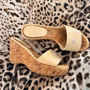Chanel White Patent Leather Cork Wedge Sandal with iconic interlocking CC